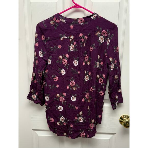 Monday Fun Purple Floral Blouse, 3/4 Sleeves, Split Neck, Women's Size XS - Picture 3 of 5